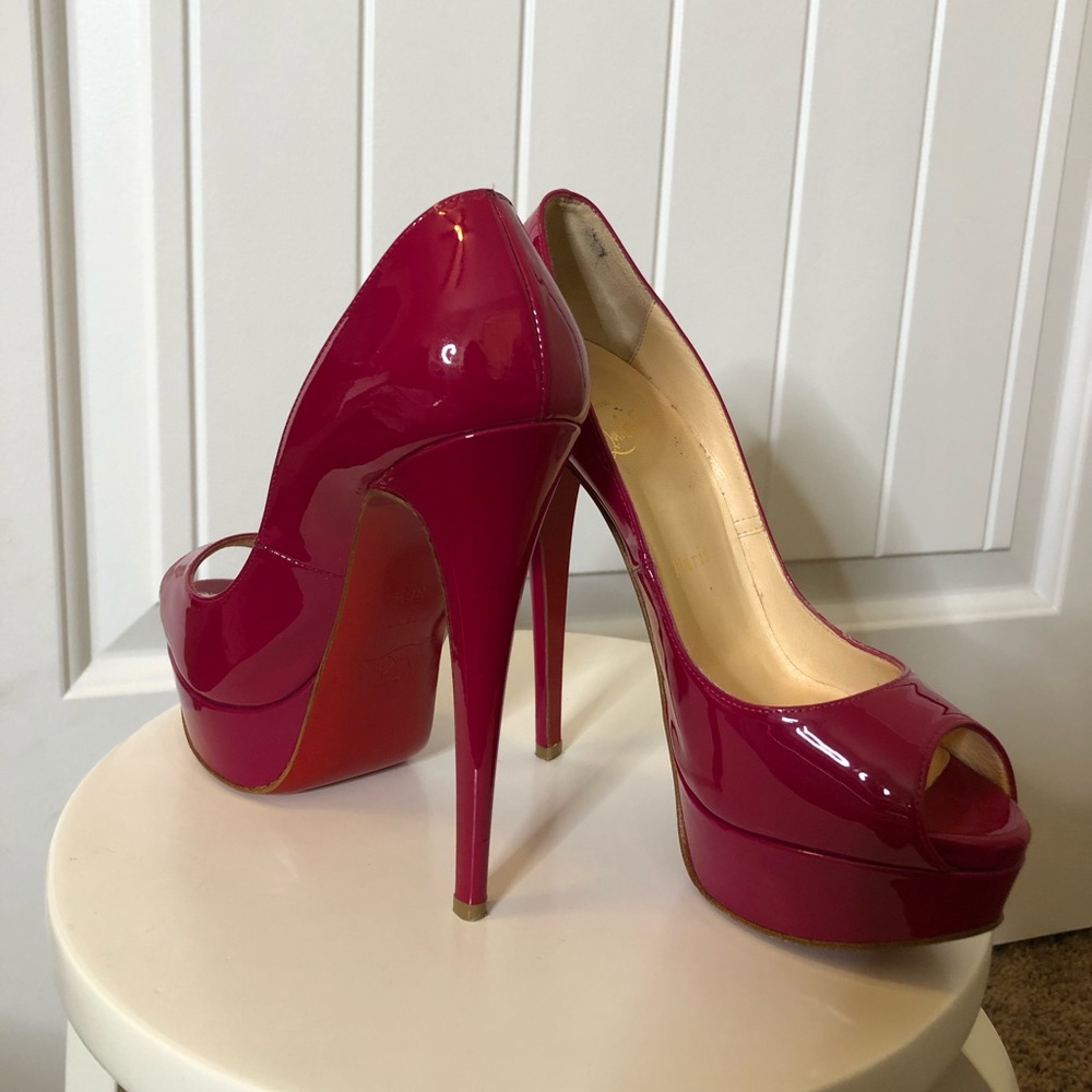 Christian Louboutin Pink Patent Leather Peep-Toe Platform Pumps
